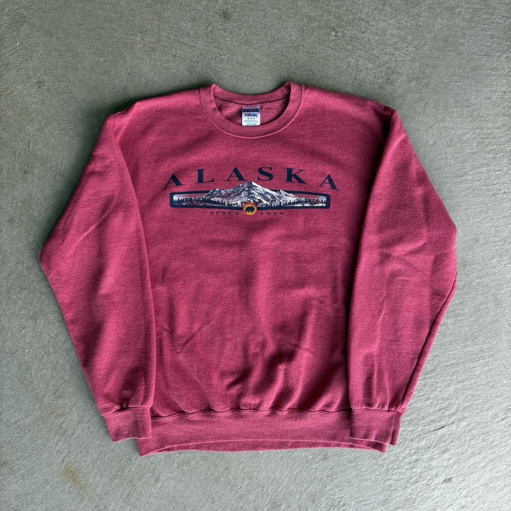 Vintage 90s Jerzees Alaska Bear Mountain Sweatshirt Medium Salmon Red Crewneck